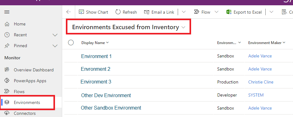 Screenshot that shows the location of the Environment Excused from Inventory page from the Environments menu.