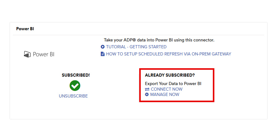 Screenshot of the Power BI title with the Connect Now to ADP Analytics emphasized.