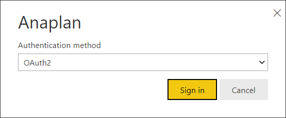 Screenshot of the Anaplan Authentication method dialog with a dropdown and Sign in button.