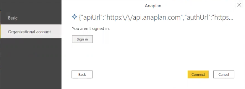 Screenshot of the Connect dialog for the Anaplan Power BI connector.