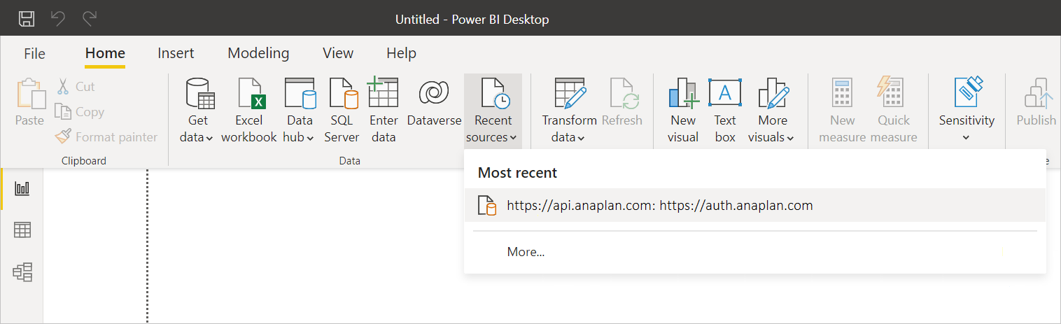 Screenshot of the Recent resources option and the dropdown list of most recent sources.