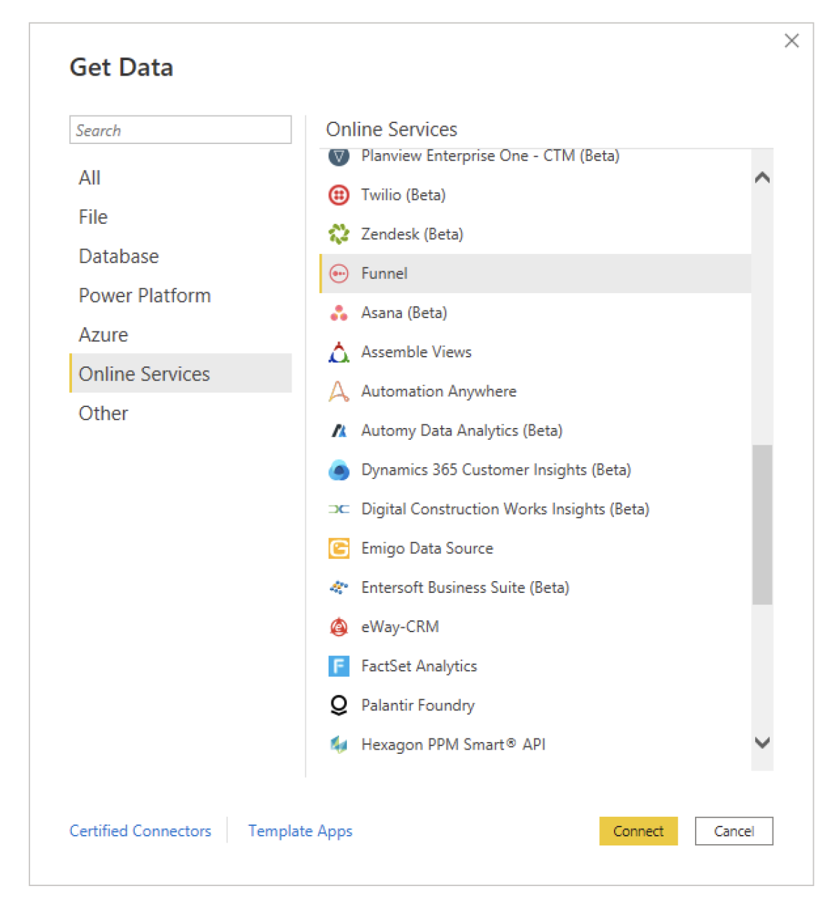 Screenshot of the Get data dialog with the Funnel connector selected.