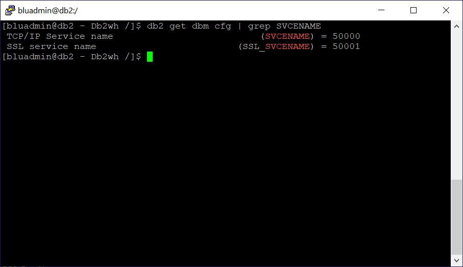 Screenshot showing the output of the db2 command in Linux and Unix.