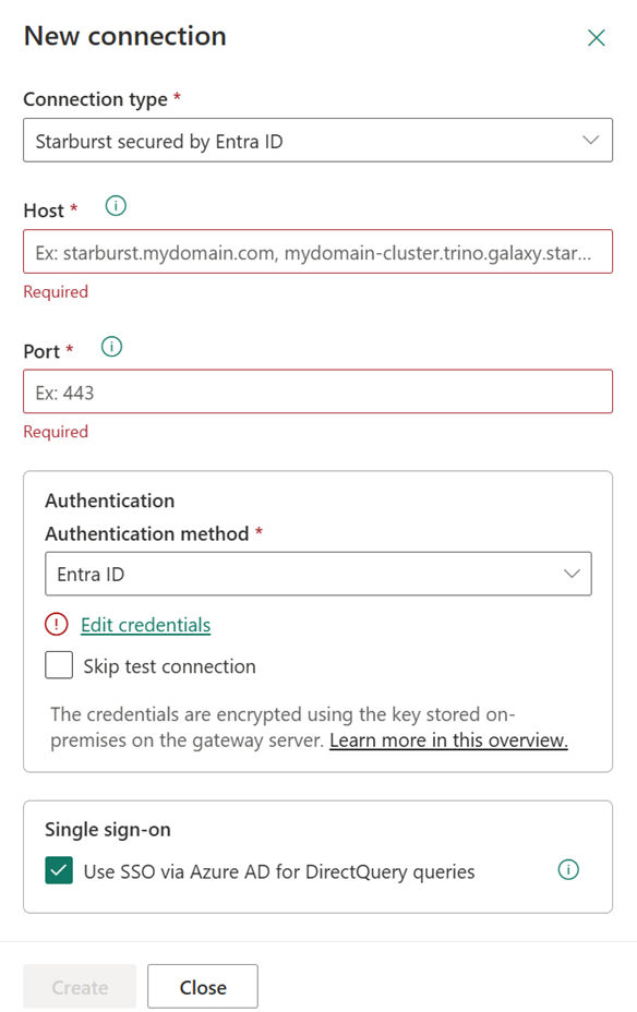 Screenshot of the Starburst secured by Entra ID data source settings with the Use SSO via Azure AD for DirectQuery queries checkbox selected.