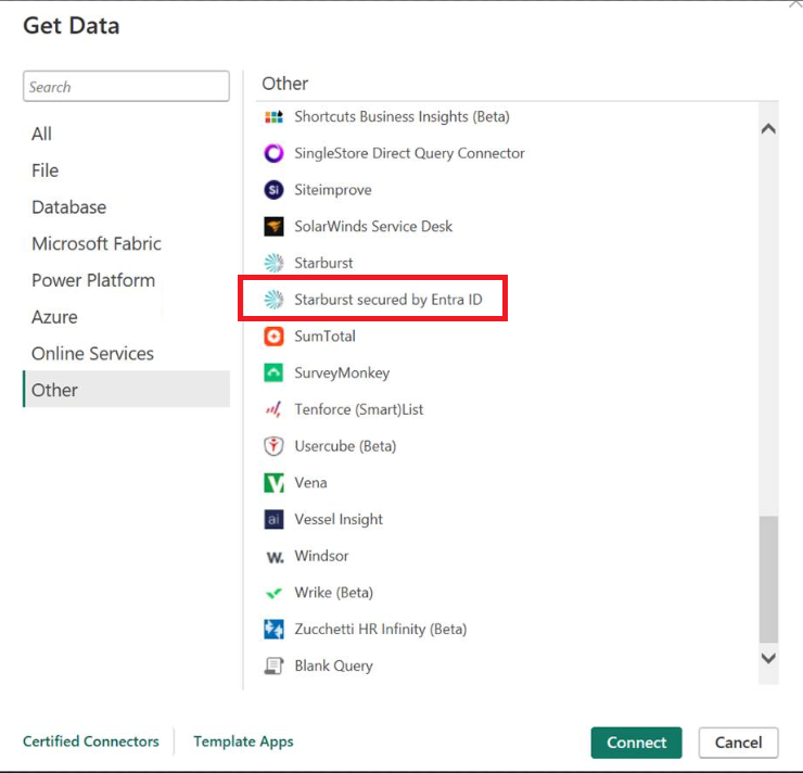 Screenshot of the Get Data dialog showing both the Starburst connector and the Starburst secured by Entra ID connector.