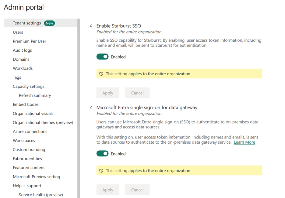Screenshot of the Power BI admin portal with Enable Starburst SSO and Microsoft Entra single sign-on for data gateway both enabled.