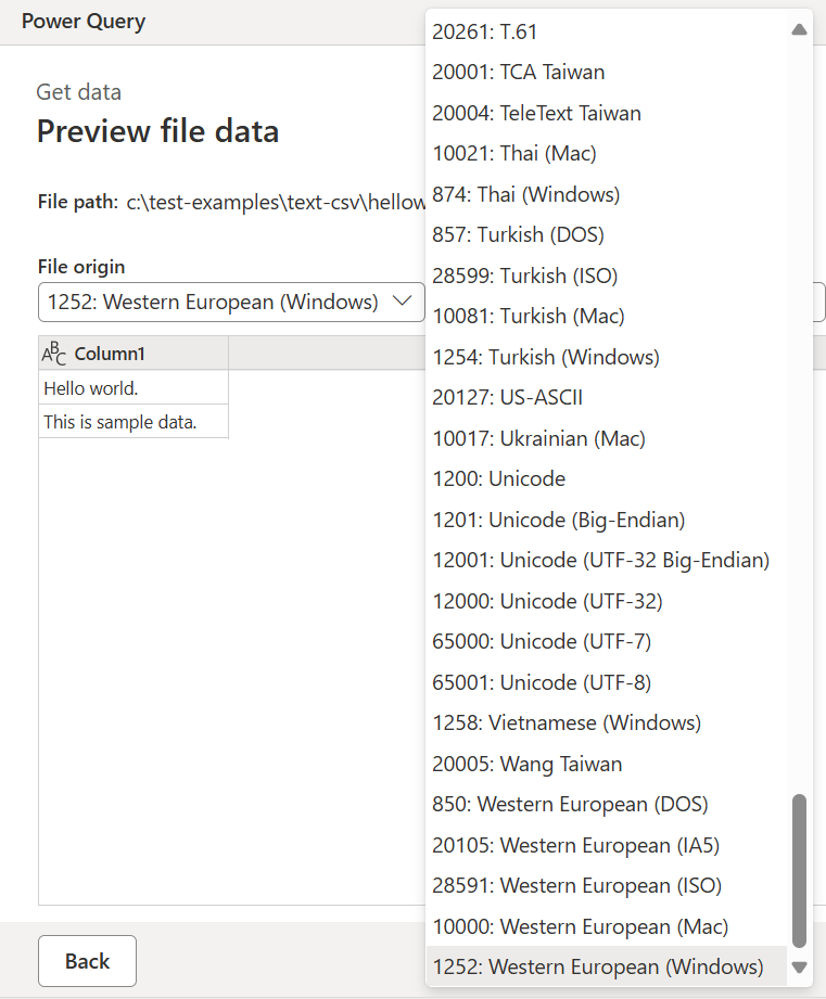 Screenshot of the file culture selection for Text/CSV.