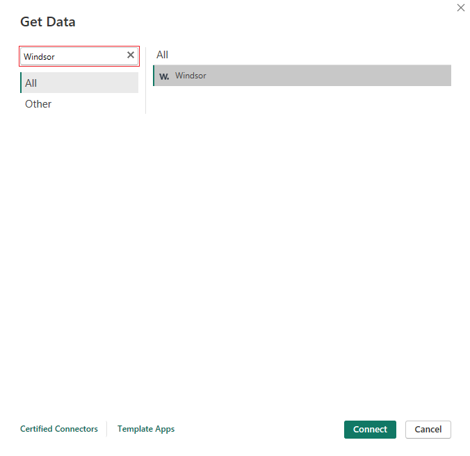 Screenshot of the Get data dialog where you select the connector from the list.