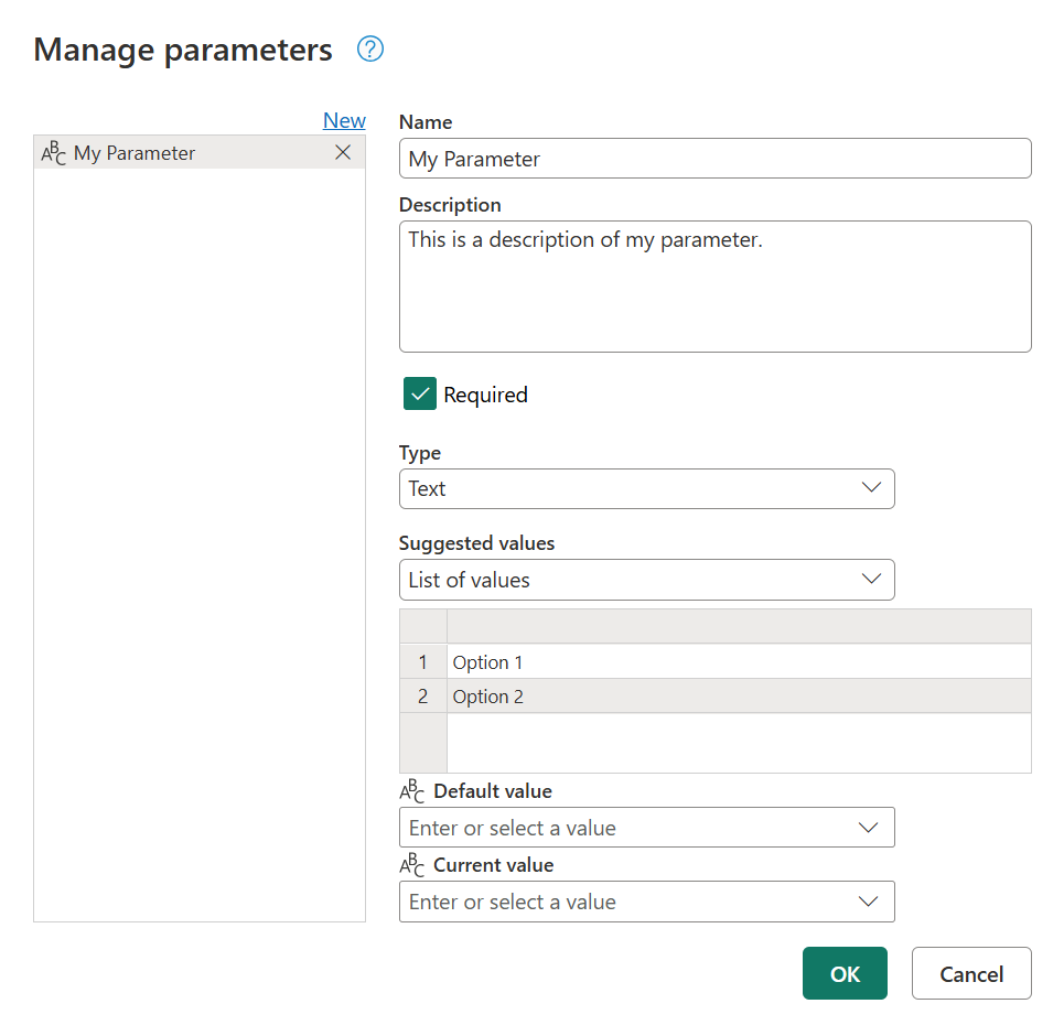 Screenshot of Manage parameters showing a parameter with a suggested list of values.