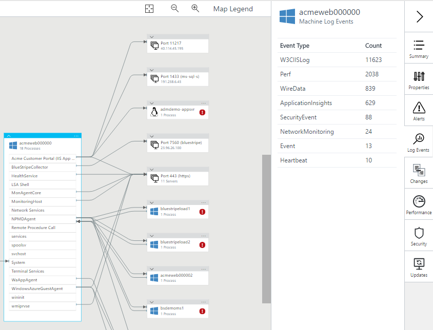 Screenshot that shows the Machine Log Events pane.