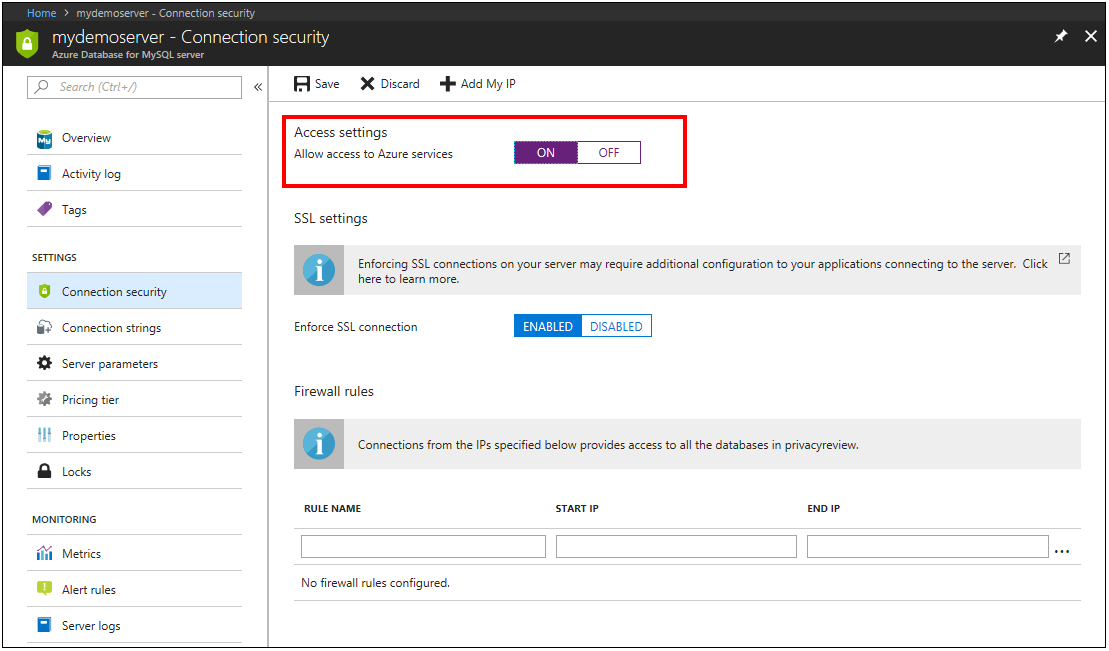 Configure Allow access to Azure services in the portal