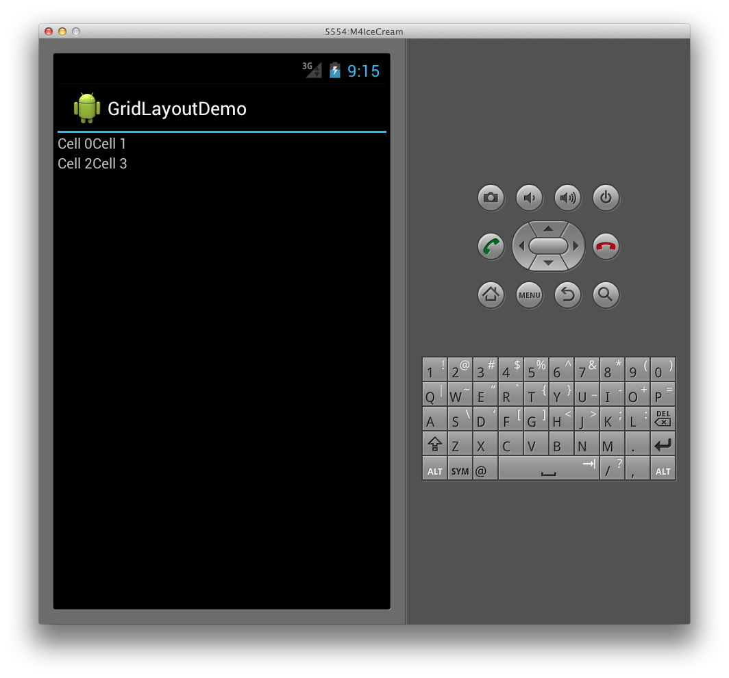Screenshot of GridLayoutDemo app displaying four cells