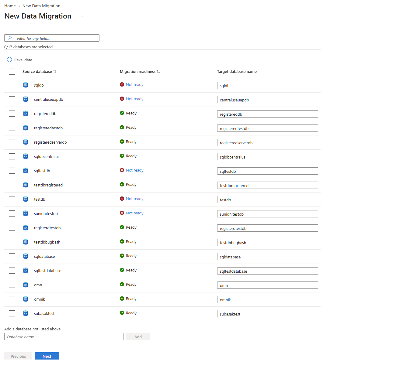 Screenshot of New Data Migration pane listing databases with migration readiness status and target names, showing option for adding new database.