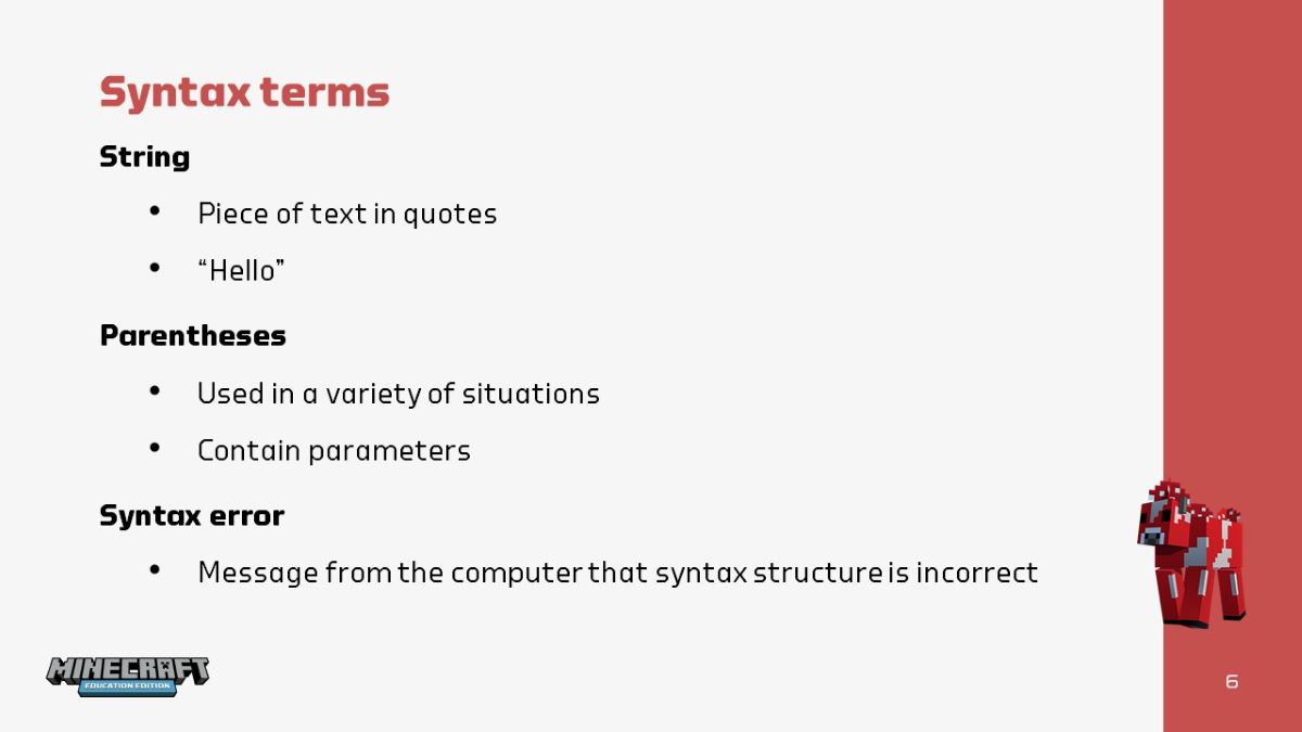 Infographic with definitions of string, parentheses, and syntax error.