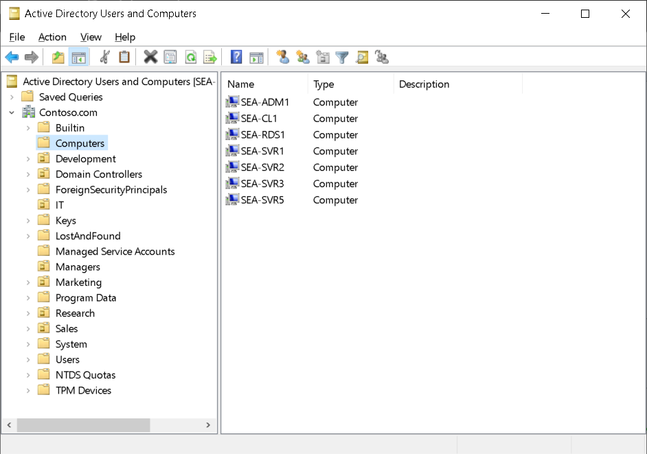 A screenshot of Active Directory Users and Computers. The administrator has selected the Computers container Contoso.com domain.