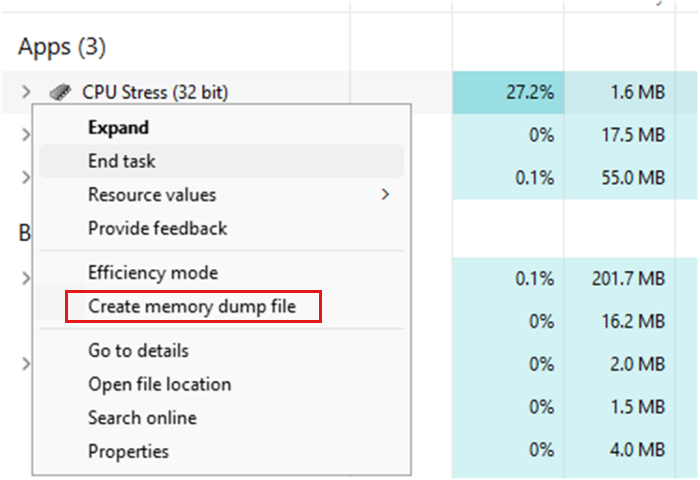 Screenshot that shows the Create memory dump file command on the context menu of a process in Task Manager.