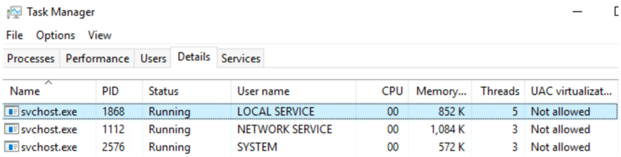 Screenshot that shows the process list on the Details tab of Task Manager.