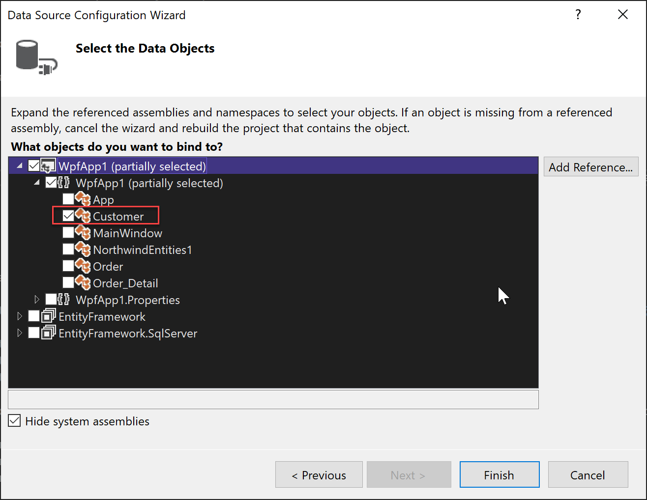 Screenshot that shows the Customer object selected as a data source.
