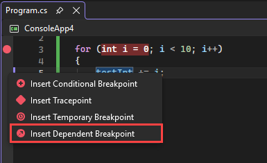 Screenshot that shows the Insert Dependent Breakpoint command.