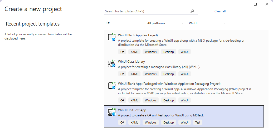 Screenshot of the Visual Studio 'Create a new project' window.