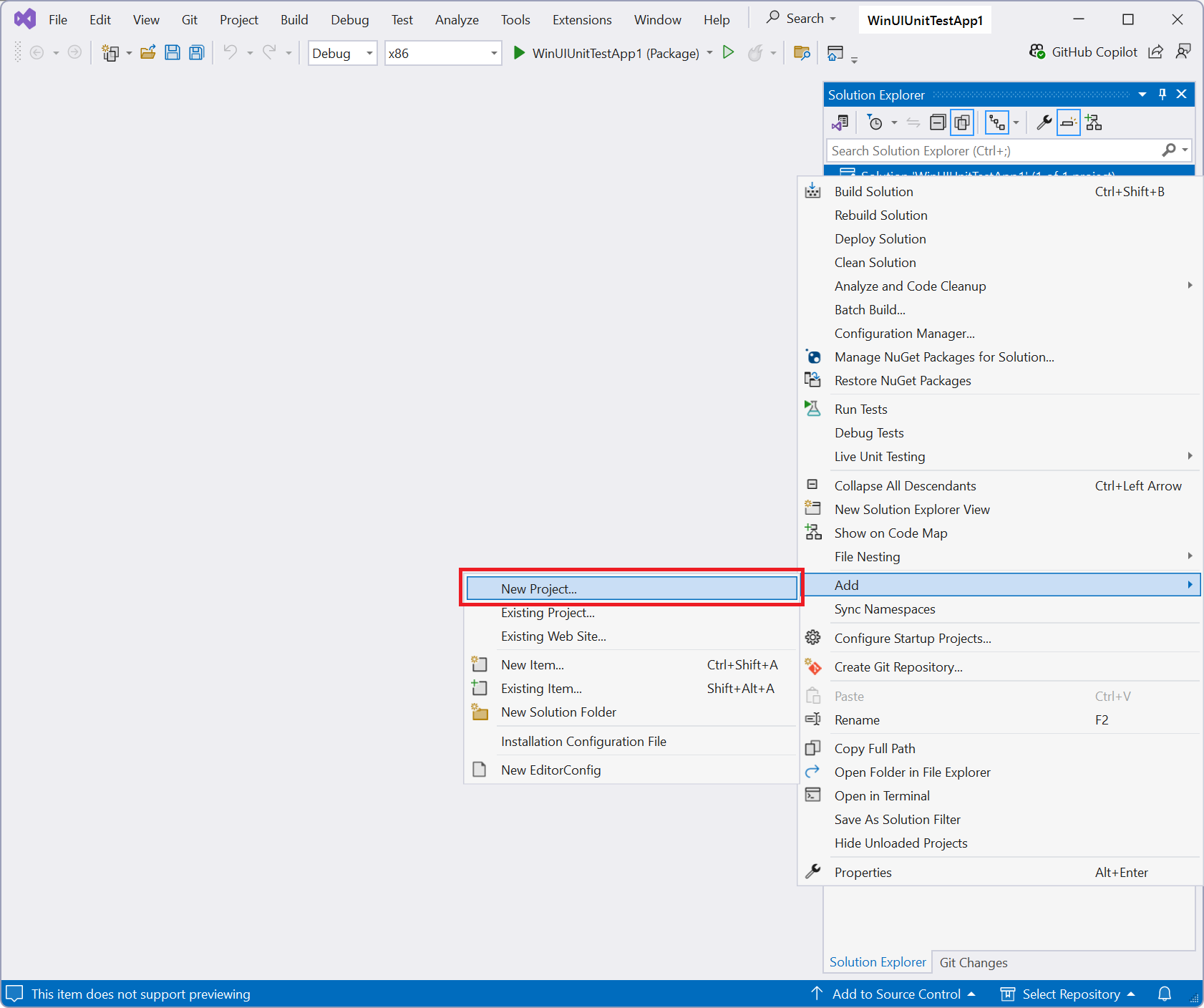 Screenshot of the Solution context menu with Add\/New Project highlighted in Visual Studio.