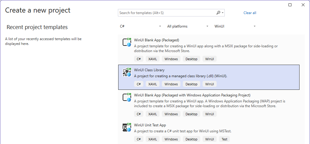 Screenshot of the New Project window with WinUI Class Library highlighted in Visual Studio.