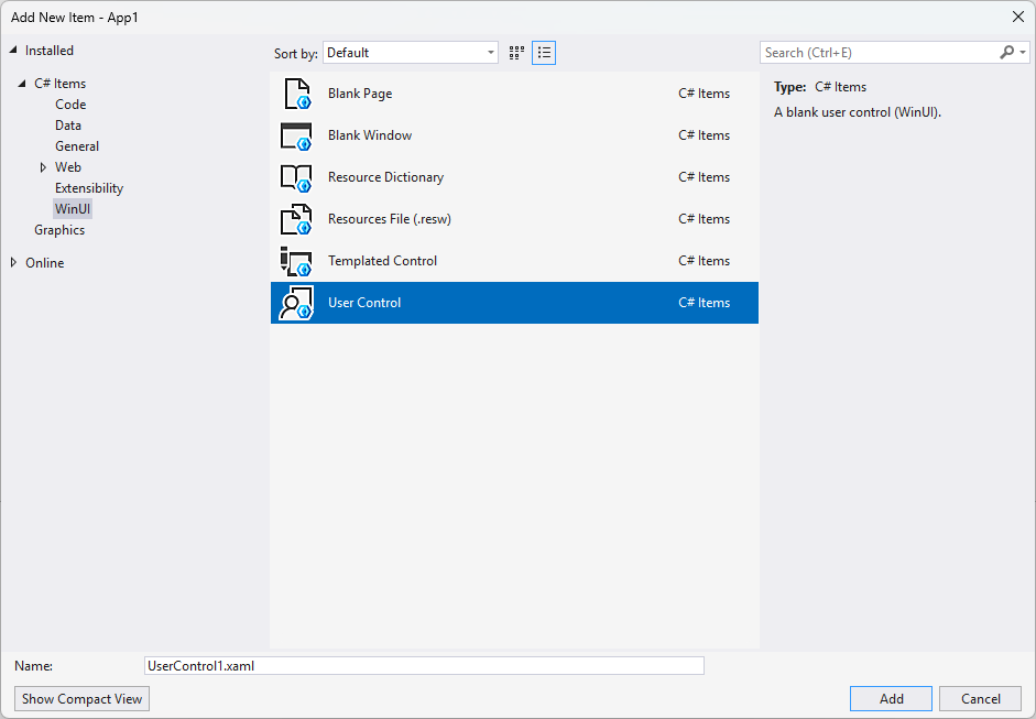 Screenshot of the Add New Item window with WinUI\/User Control (WinUI) highlighted in Visual Studio.