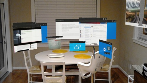 2D apps arranged in the Windows Mixed Reality home in a breakfast area
