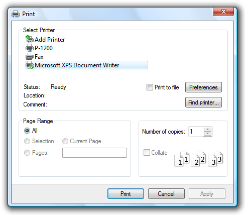 screen shot of print dialog box
