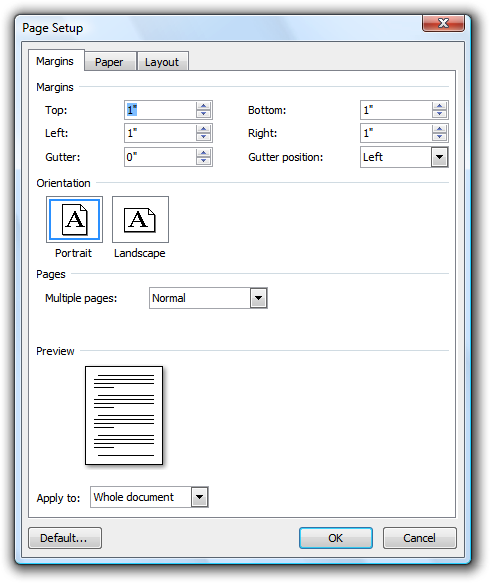 screen shot of page setup dialog box