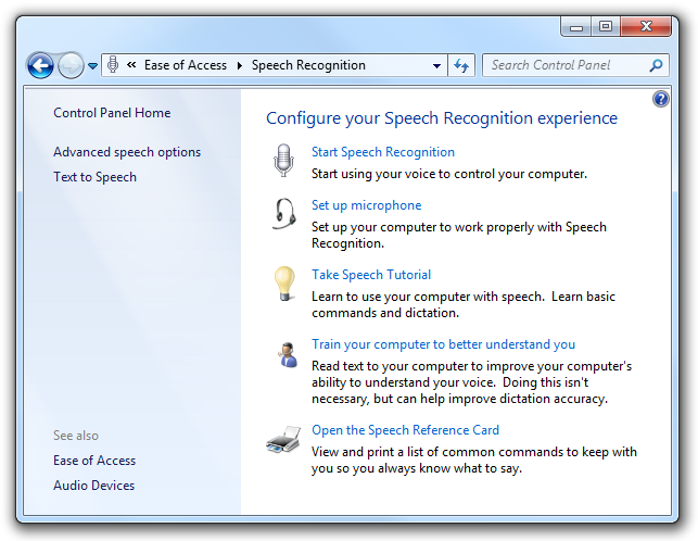 screen shot of control panel speech category