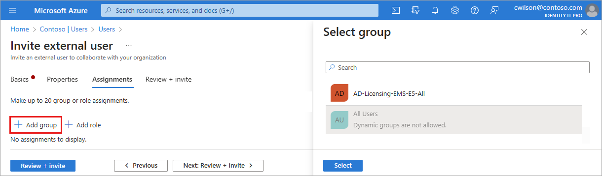 Screenshot of the add group assignment process.