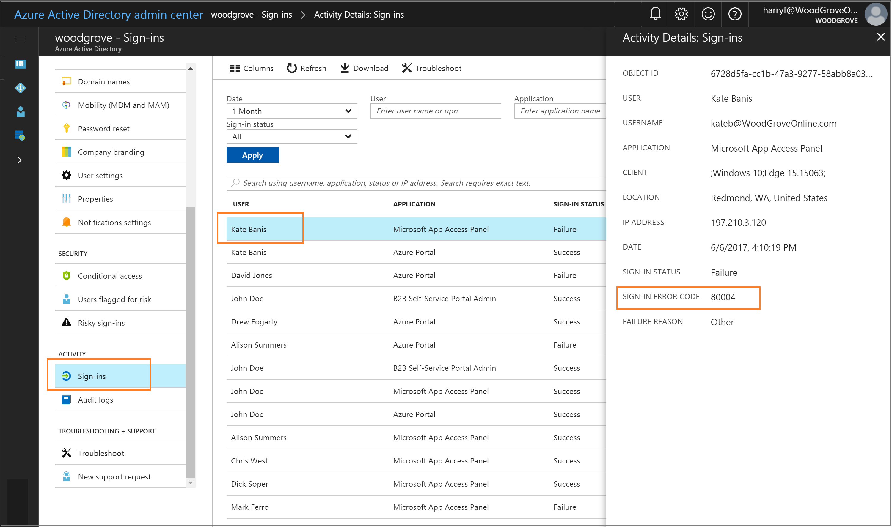 Azure Active Directory admin center - Sign-ins report