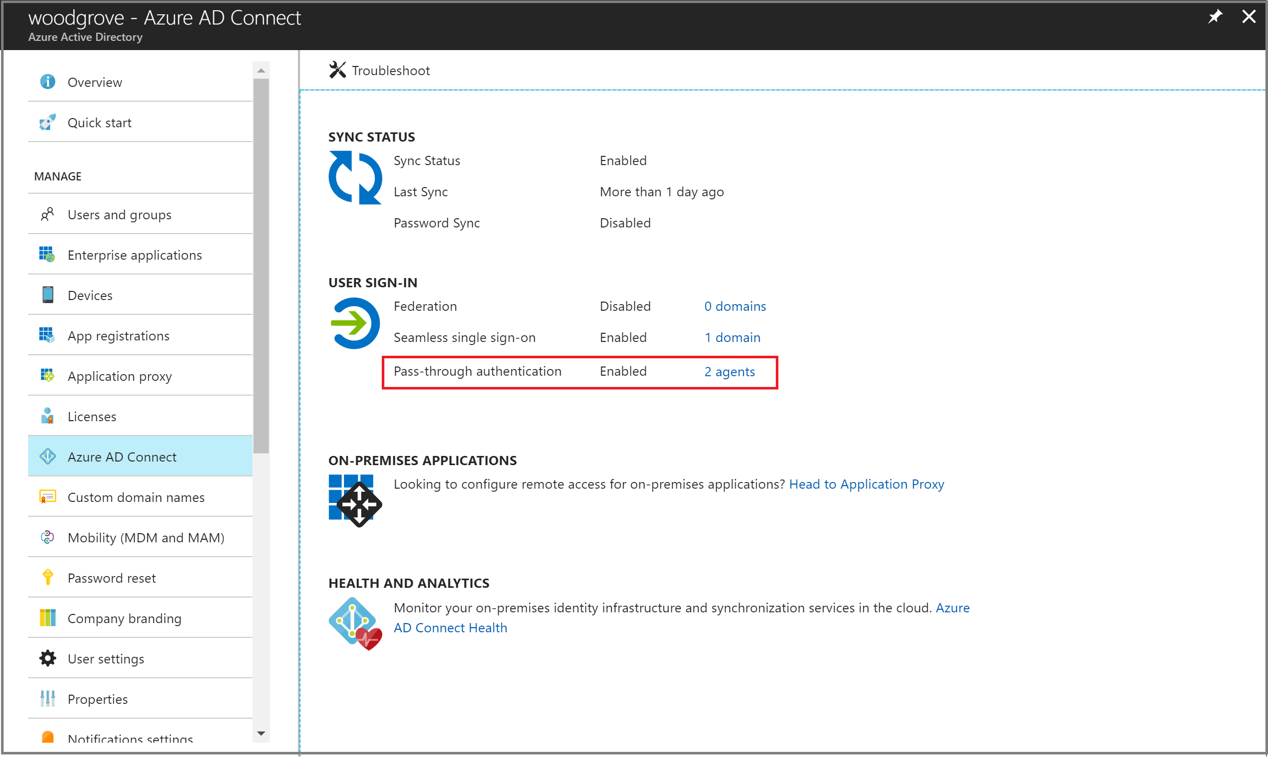 Azure Active Directory admin center - Azure AD Connect blade