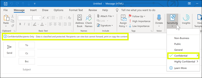 Sensitivity label applied to message in Outlook.