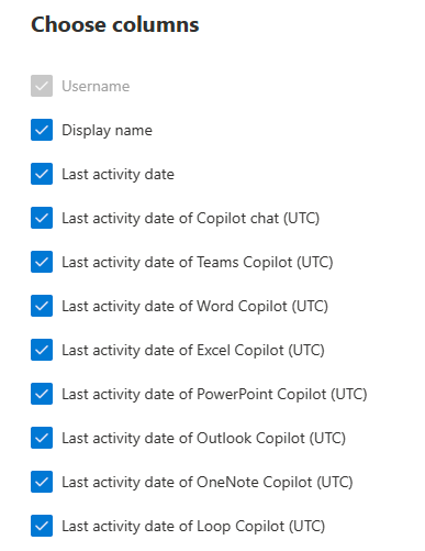 Skjermbilde som viser kolonnene du kan velge for Microsoft 365 Copilot-bruksrapport.