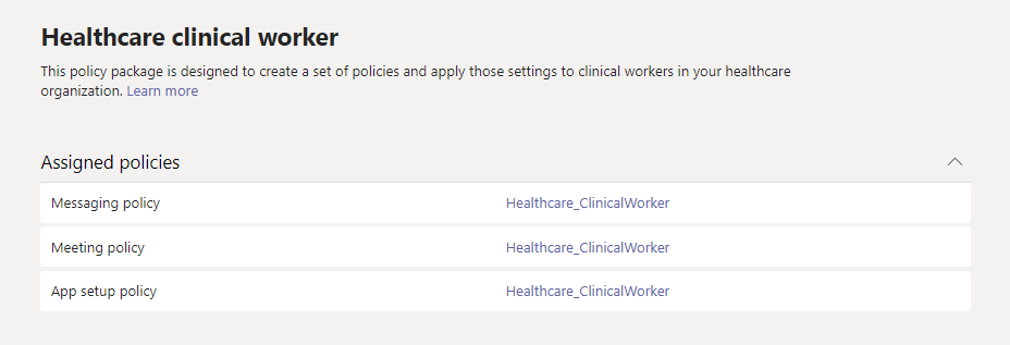 Screenshot of policies in the Healthcare clinical worker package.