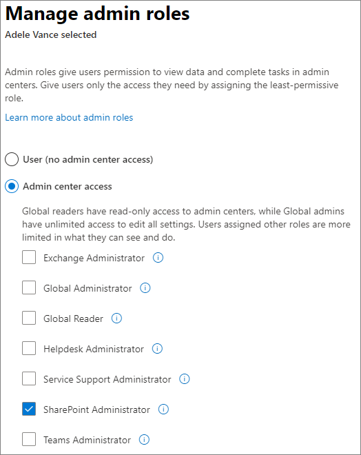 Manage admin roles in the Microsoft 365 admin center