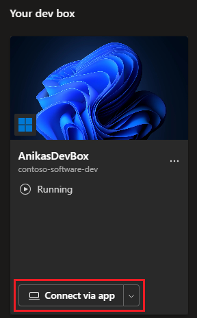 Screenshot of dev box tile, showing the Connect via app option.