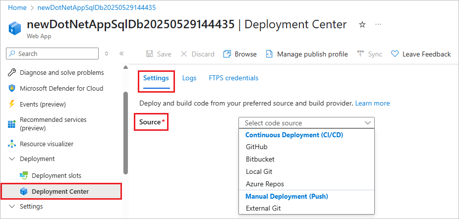 Screenshot that shows how to choose the deployment source.