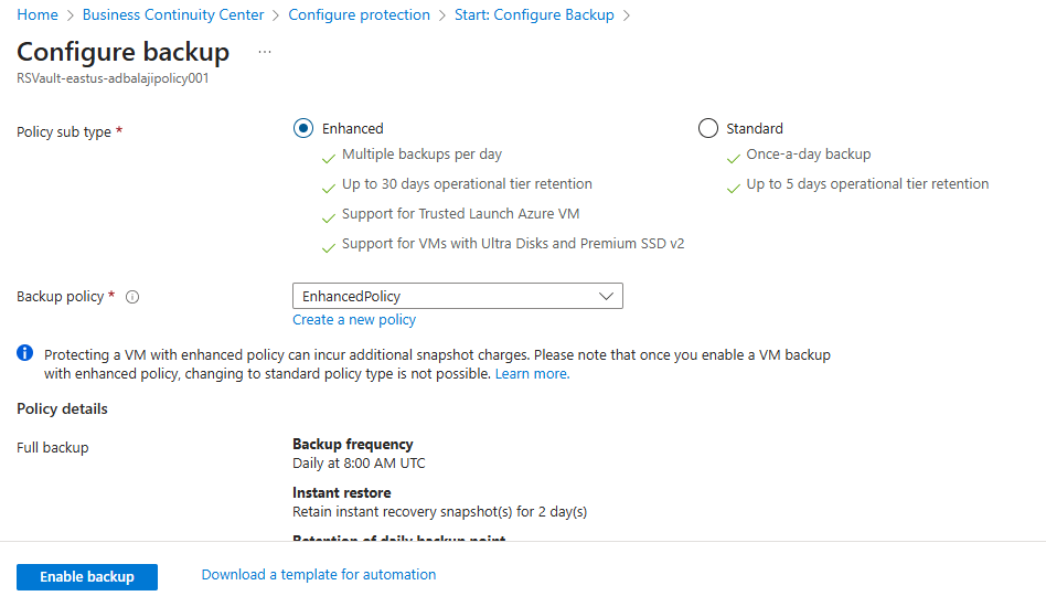 Screenshot that shows options and details for a backup policy.