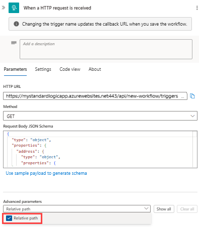 Screenshot shows Standard workflow, Request trigger, and added property named Relative path.