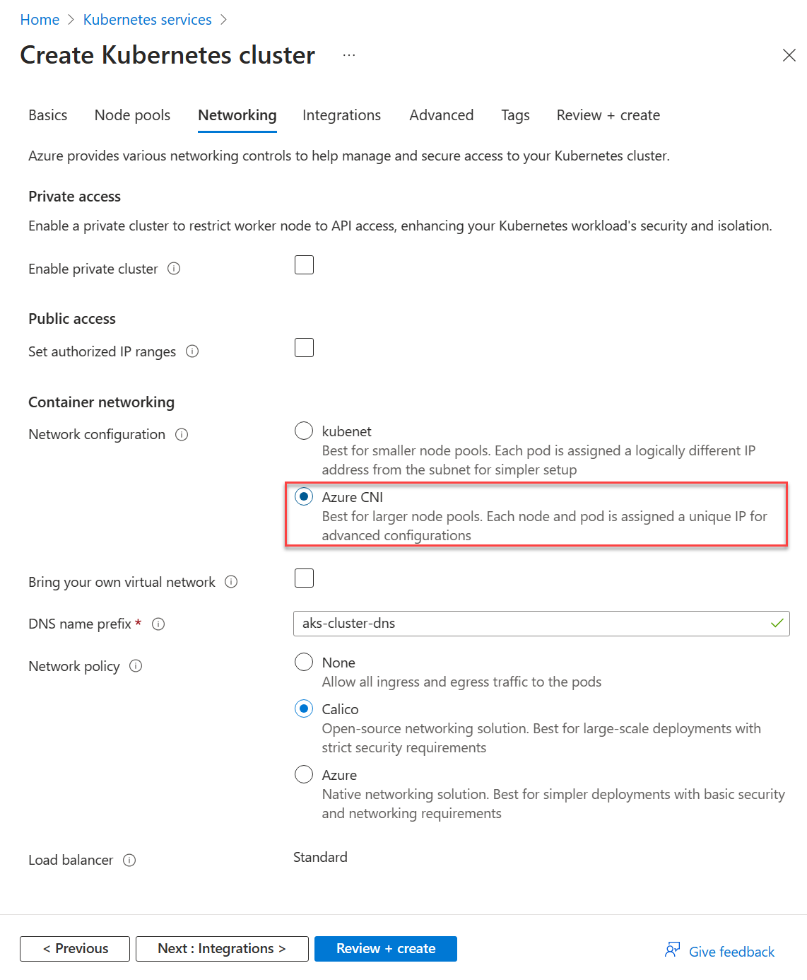 Screenshot of the networking tab when creating an AKS cluster in the Azure portal.