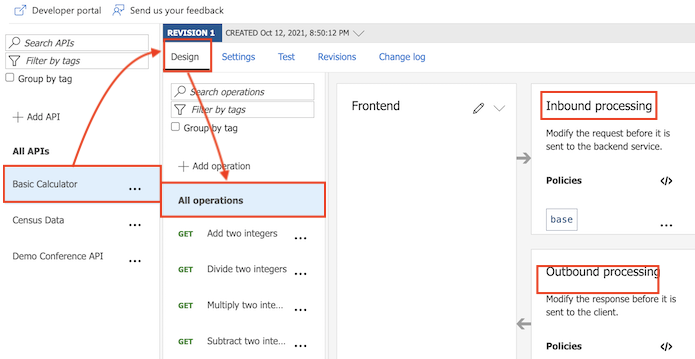 Screenshot showing how to configure policy at API scope.