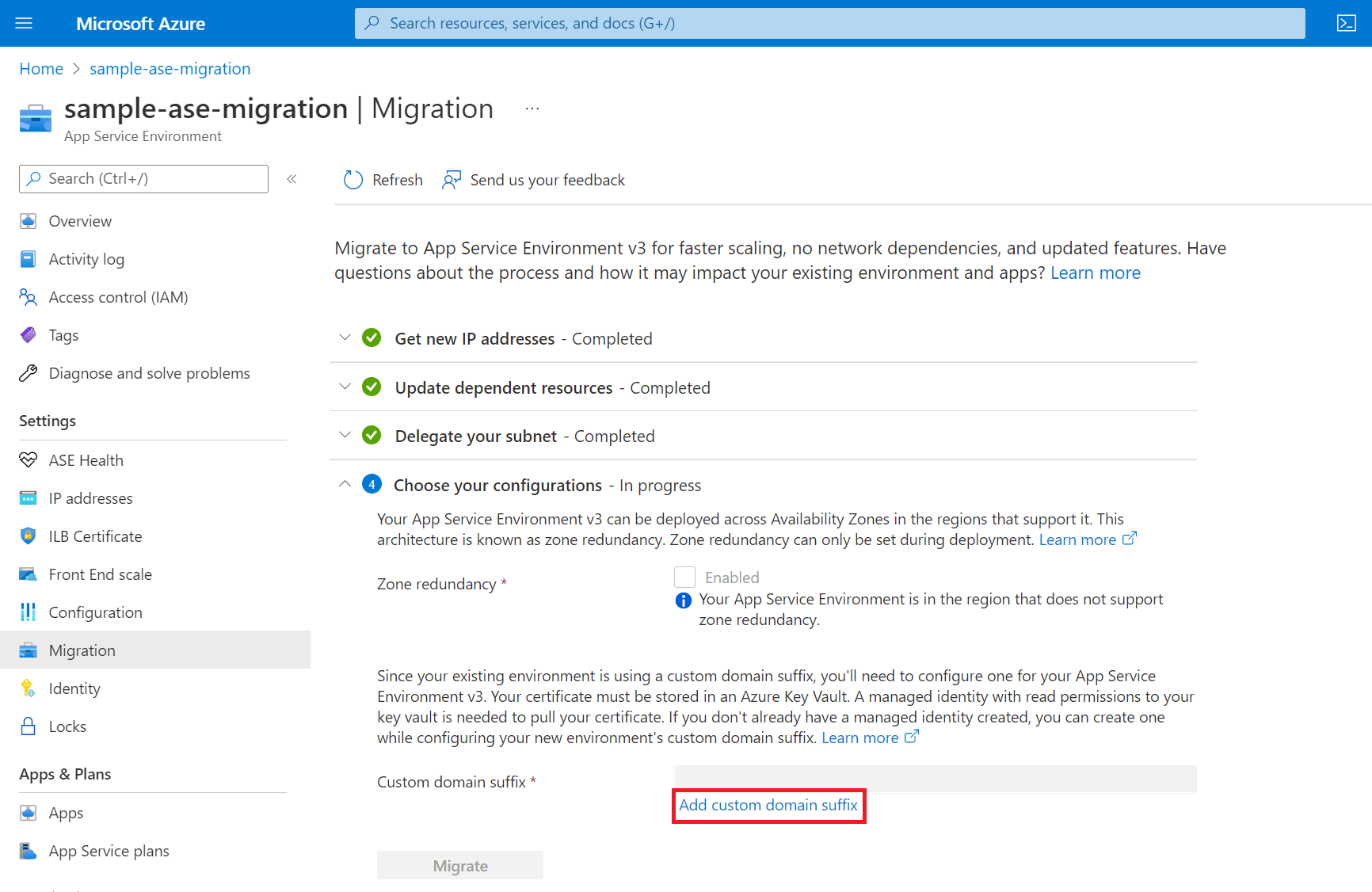 Screenshot that shows the link for adding a custom domain suffix.