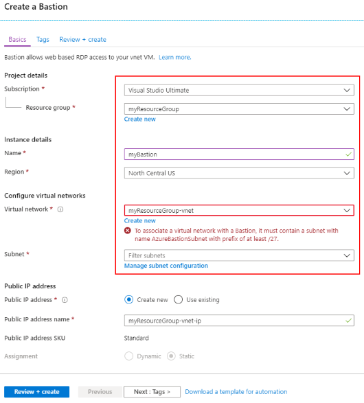 Start of creating Azure Bastion