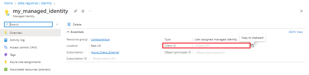A screenshot showing how to select the client ID in the managed identities pane in Azure.