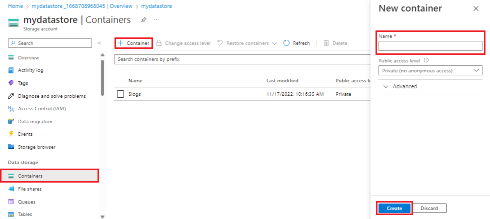 A screenshot of the new container page in an Azure storage account.