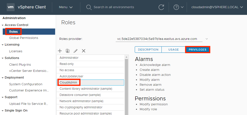 Screenshot shows the roles and privileges for Cloud admin in the vSphere Client.