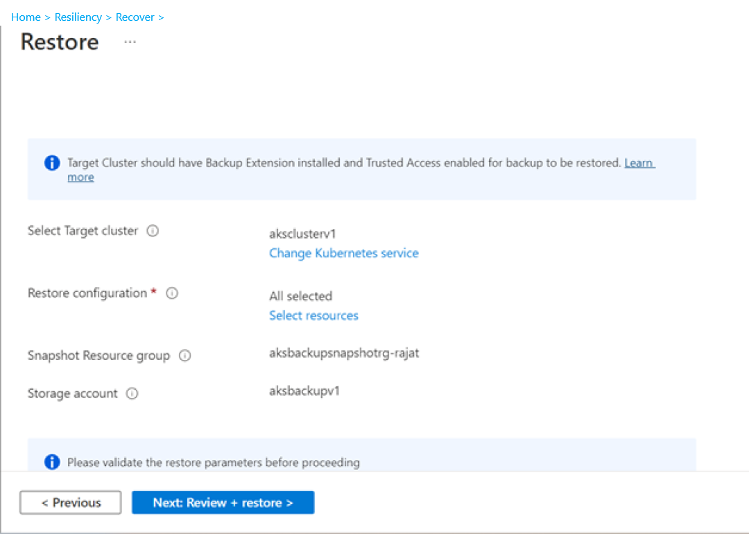 Screenshot shows the Restore page with the selection of Kubernetes parameter.